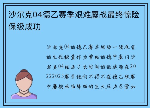沙尔克04德乙赛季艰难鏖战最终惊险保级成功